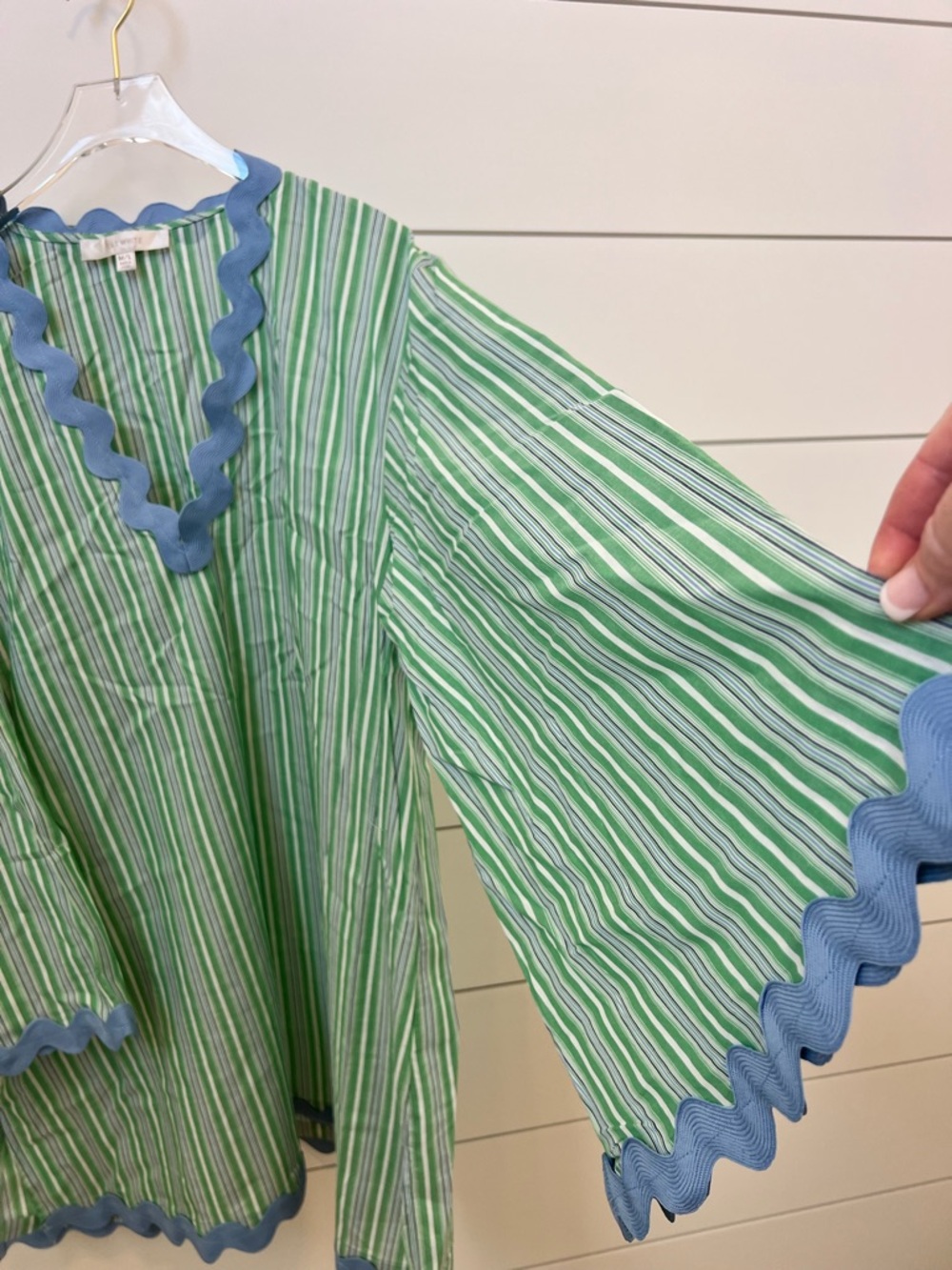 Cover-up, Green Striped Bell Sleeve with Blue Trim from Anthropologie